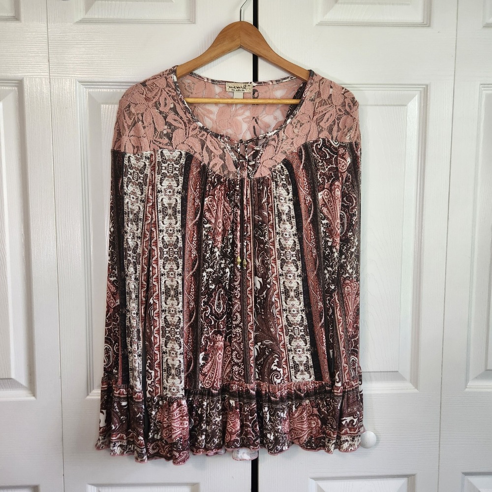One World Womens Brown Pink Paisley Lace Yoke Bell Sleeve Boho Top Medium
